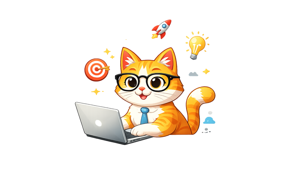 Marketworld digital marketing agency illustration with cat working on laptop showing business growth, target, and online marketing concepts in Siwan Bihar
